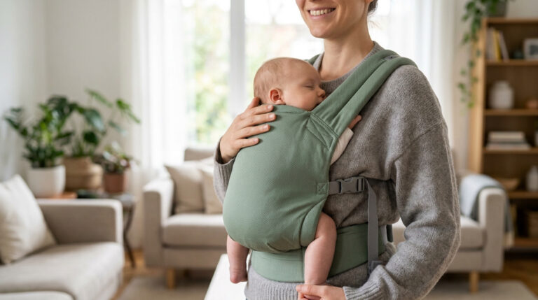 Tout savoir sur le porte-bébé physiologique pour ton petit Femme souriante portant un bébé endormi dans un porte-bébé physiologique vert. Le bébé est en position ergonomique contre sa maman.