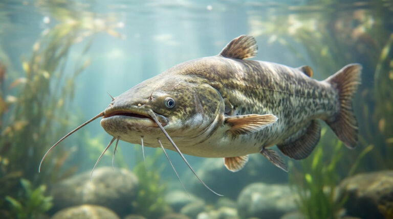 Un poisson-chat avec de longues barbillons nageant parmi les plantes aquatiques et les rochers sous l'eau.