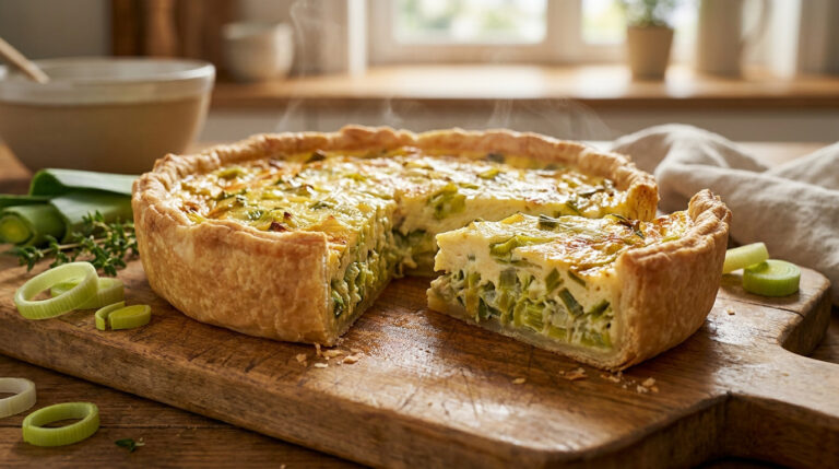 Une quiche aux poireaux chaude et fumante sur une planche en bois dans une cuisine lumineuse.