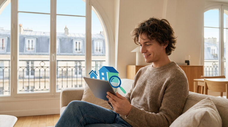 Jeune homme souriant sur un canapé, naviguant sur une tablette. Icônes de maisons et loupe flottant au-dessus, suggérant recherche de logement à Paris.