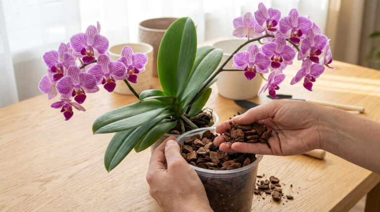 Mains de près versant du substrat d'écorce dans un pot pour rempoter une orchidée Phalaenopsis en fleurs sur une table en bois.