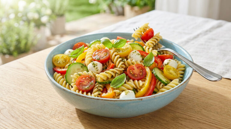 Réussir ta salade de pâtes : les secrets d’un plat parfait Bol de salade de pâtes aux tomates cerises, mozzarella, concombre et basilic sur une table en bois.