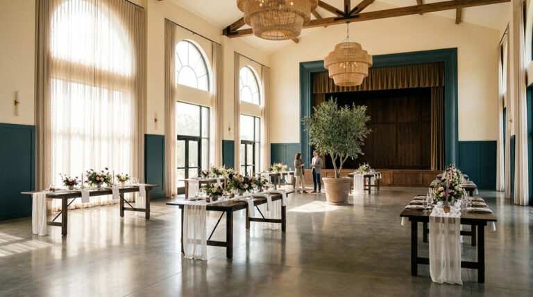 Une salle de réception lumineuse avec de grandes fenêtres, des tables en bois décorées et des lustres en rotin.