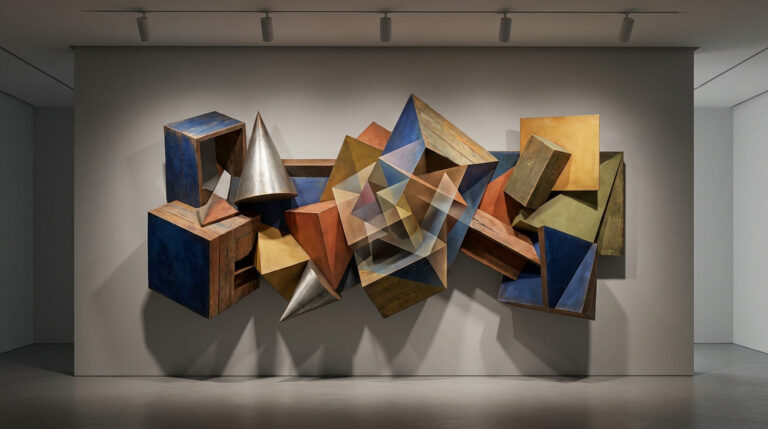 Pablo Picasso : les secrets du génie de l’art moderne Une sculpture murale abstraite composée de formes géométriques tridimensionnelles en bois et métal, exposée dans une galerie.