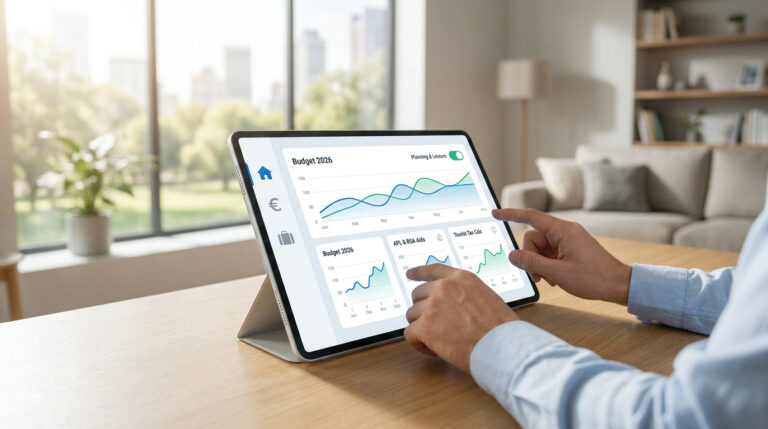 Personne utilisant une tablette avec des graphiques financiers pour le budget 2026 dans un salon moderne.
