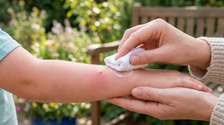 Un parent applique une compresse avec une crème apaisante sur le bras gonflé d'un enfant après une piqûre de guêpe.