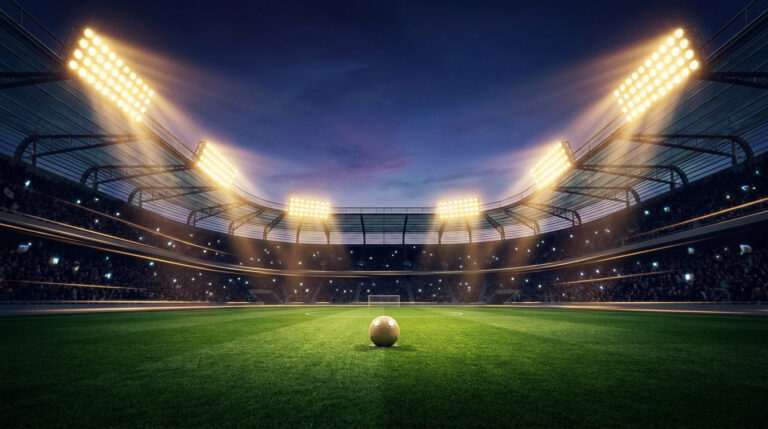 Un ballon de football au centre d'un stade éclairé par des projecteurs puissants sous un ciel nocturne.