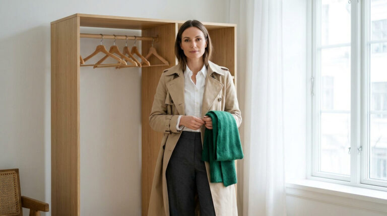 Garancedore.fr : ta tendance mode pour un style durable Femme en trench coat beige et chemise blanche tenant une écharpe verte tricotée, devant un dressing en bois clair.