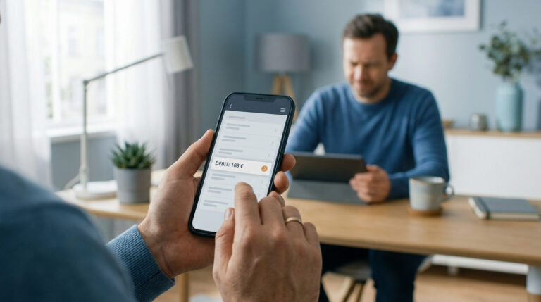 Comprendre ton prélèvement bancaire de 108 euros Gros plan sur des mains tenant un smartphone avec un "DÉBIT : 108 €" affiché. Un homme flou derrière consulte une tablette.