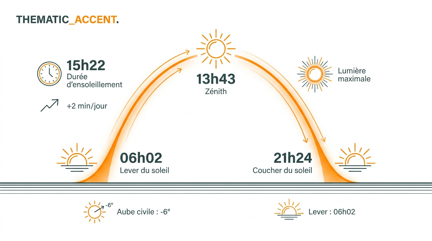Schéma de la trajectoire solaire entre le lever le zénith et le coucher