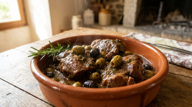 Plat de veau aux olives corses fumant, garni de romarin, dans un récipient en terre cuite sur une table en bois rustique.