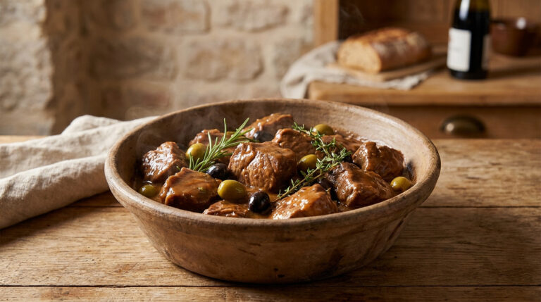 Un plat de veau corse aux olives vertes et noires, garni de romarin et thym, fumant dans un bol rustique en bois.
