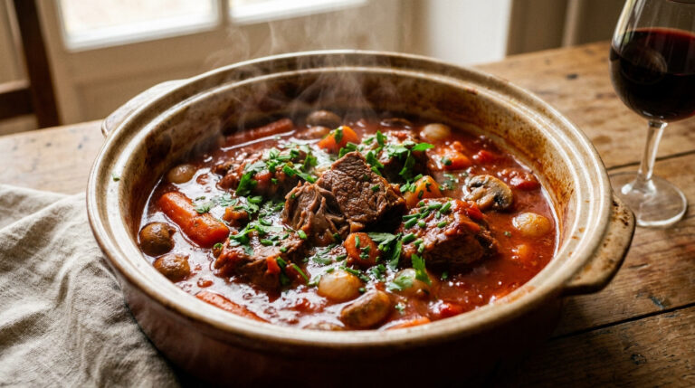 Gros plan sur un plat fumant de veau Marengo dans une cocotte en terre, avec veau, carottes, champignons et oignons. Garniture de persil frais, verre de vin rouge.