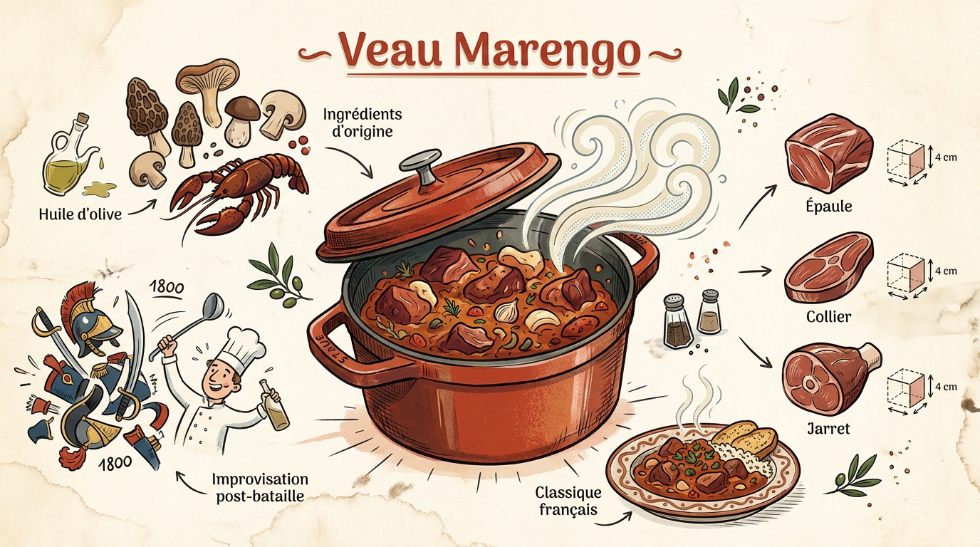 Veau Marengo traditionnel mijoté en cocotte avec champignons et carottes