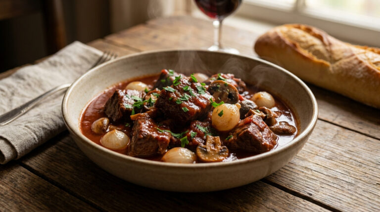 Plat de veau marengo fumant avec oignons, champignons, persil, sur une table en bois avec baguette et vin rouge.