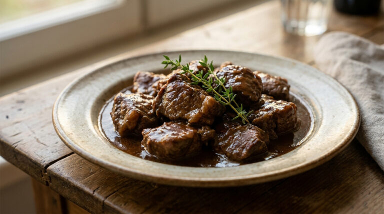 Plat de veau mijoté en sauce, garni de thym, sur une assiette rustique posée sur une table en bois, lumière naturelle.
