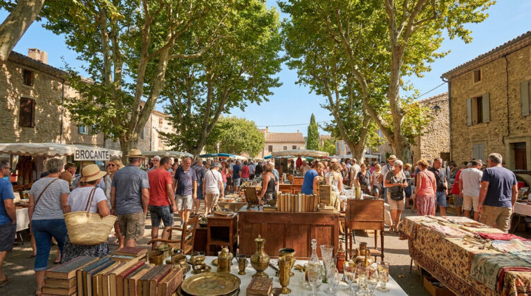 Foule se promenant dans une brocante en plein air sous des arbres, avec des étals remplis d'objets anciens.