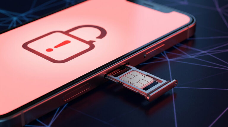 Comment éviter l’escroquerie de l’échange de carte sim Un smartphone avec un tiroir de carte SIM ouvert et une icône de cadenas rouge sur l'écran.