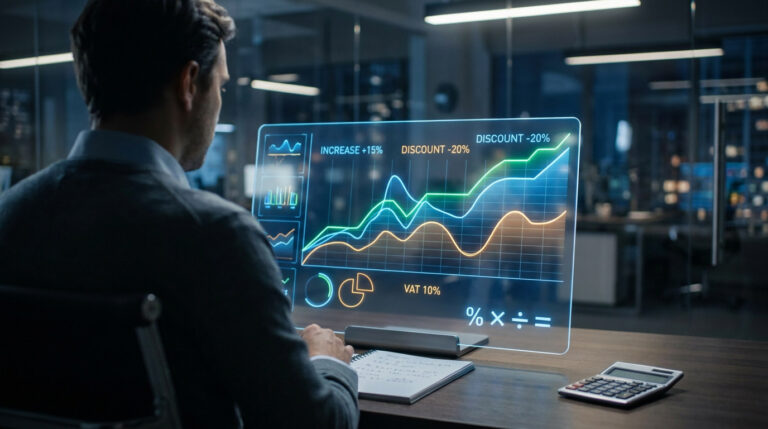 Calcul pourcentage : les formules pour ne plus se tromper Un professionnel analyse des graphiques de données financières sur une interface holographique futuriste.