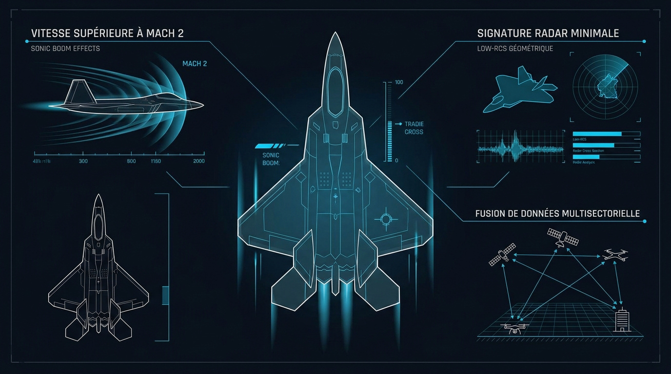 Avion de chasse moderne en plein vol illustrant la vitesse et la furtivité