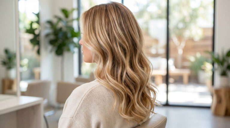 Balayage blond : tendances et conseils d’experts pour 2026 Vue de profil d'une femme avec un balayage blond naturel et des ondulations douces dans un salon de coiffure moderne.