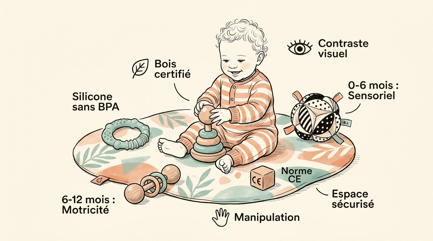 Bébé souriant jouant avec des jouets d'éveil sécurisés