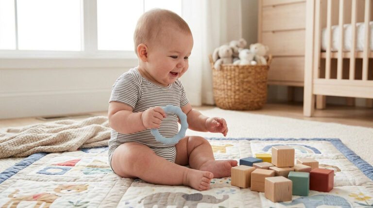 Bien choisir ses baby toys pour un éveil au top Un bébé souriant assis sur un tapis de jeu, jouant avec un anneau de dentition et des cubes en bois.