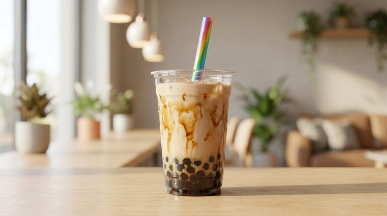 Bubble tea : tout savoir sur la boisson culte aux perles Un Bubble tea au lait et perles de tapioca avec une paille multicolore sur une table dans un café lumineux.