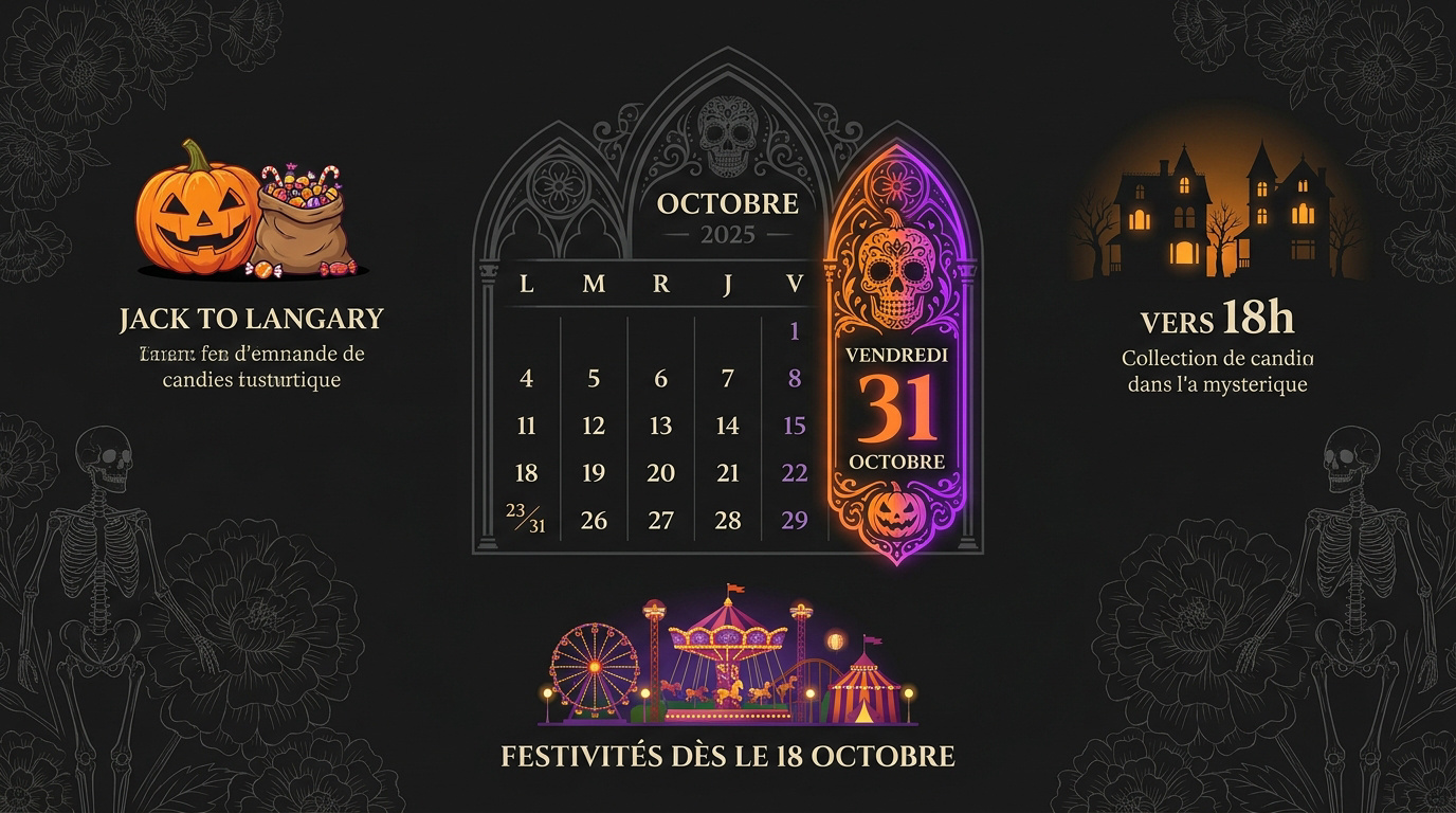 Calendrier Halloween 2025 avec citrouilles et décorations automnales
