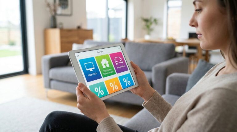Catalogue Leclerc : trouve tes promos en ligne facilement Une femme consulte une application de catalogue en ligne avec des icônes de promotions sur sa tablette dans son salon.