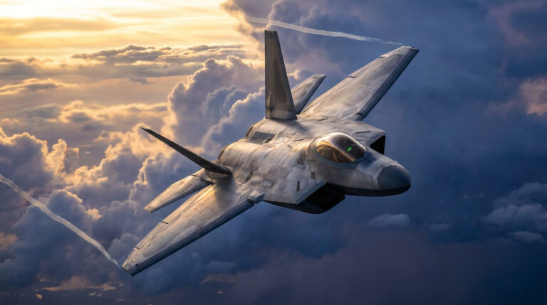 Un avion de chasse F-22 Raptor volant au-dessus des nuages lors d'un coucher de soleil spectaculaire.
