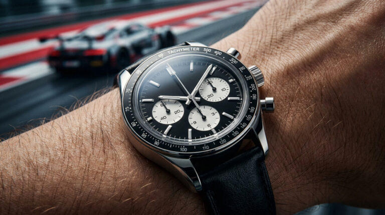 Tout savoir sur la rolex daytona : le mythe au poignet Une montre chronographe Rolex Daytona portée au poignet avec une voiture de course en arrière-plan flou.