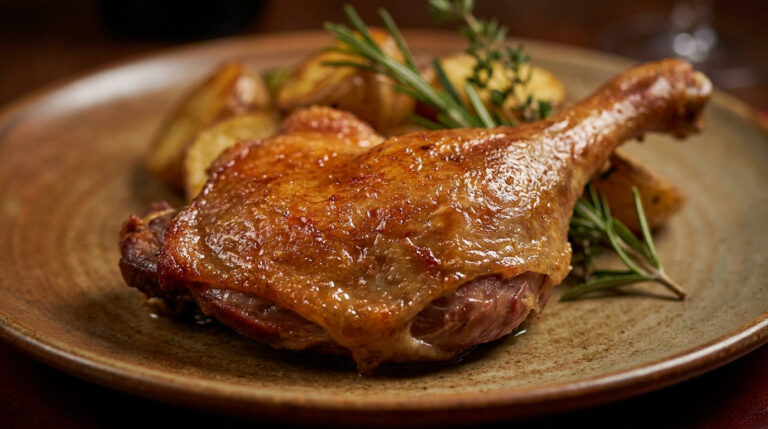 Confit de cuisse de canard : les secrets d’un plat fondant Une cuisse de canard confite croustillante sur une assiette en céramique avec des pommes de terre et du romarin.