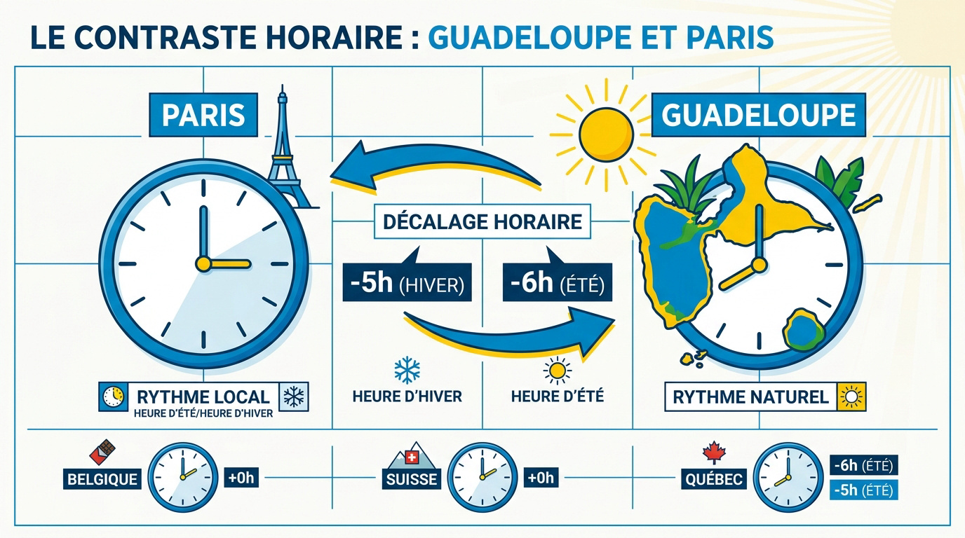 Comparaison du décalage horaire entre la Guadeloupe et Paris selon les saisons