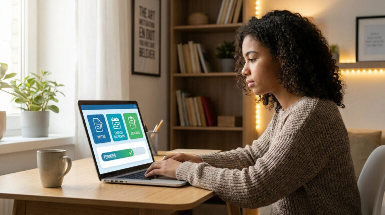 Tout savoir sur e lyco : ton ENT en Pays de la Loire Une étudiante travaille sur son ordinateur portable affichant une interface scolaire e-lyco avec ses notes et devoirs.