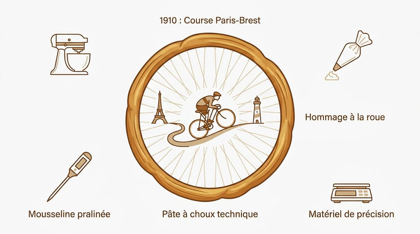 Infographie historique et recette du Paris-Brest en forme de roue de vélo