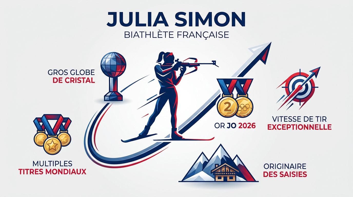 Julia Simon célébrant une victoire sur le podium de biathlon