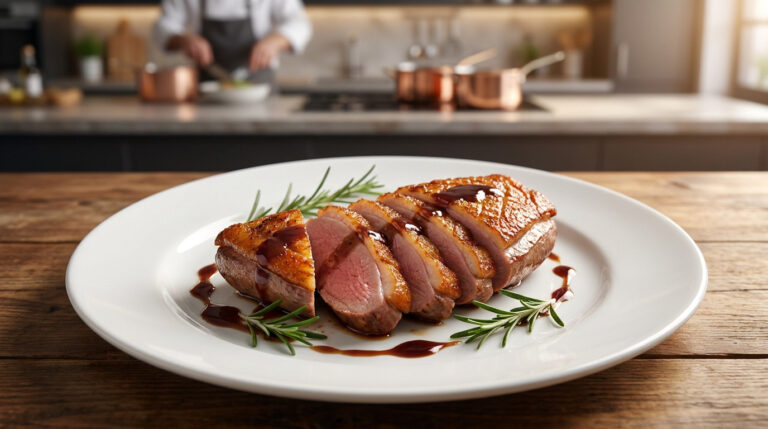 Cuisson magret de canard : réussir une peau croustillante Tranches de magret de canard cuit à point avec une peau dorée et croustillante, servies avec du romarin frais.