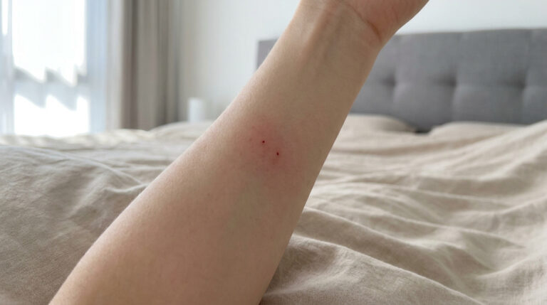 Piqure d’araignée au lit : comment identifier et soigner Gros plan sur un bras humain montrant deux petits points rouges caractéristiques d'une morsure au-dessus d'un lit.