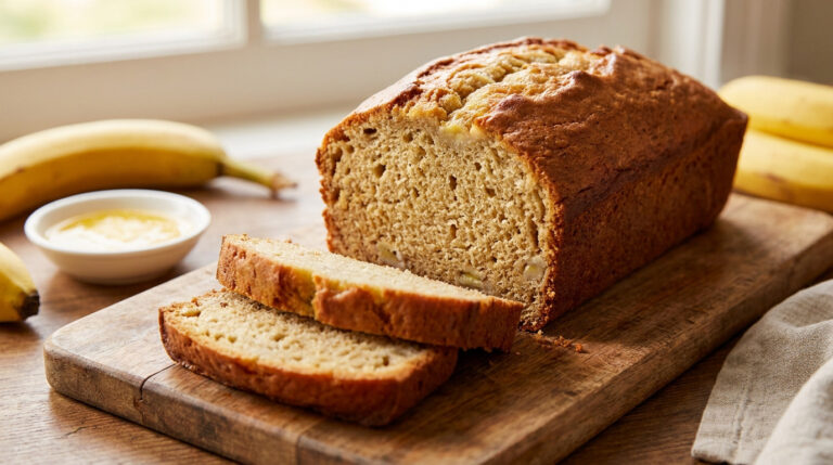 Banana bread : le secret pour un cake ultra moelleux Un cake à la banane tranché sur une planche en bois avec des bananes fraîches en arrière-plan.