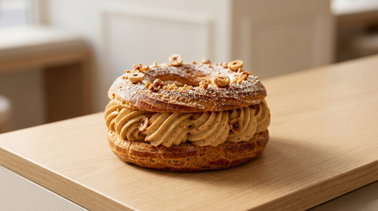 Réussir ton paris brest : les secrets pour le sublimer Un Paris-Brest classique garni de crème pralinée et noisettes sur une table en bois clair.