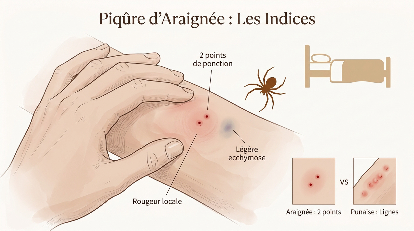 Comparaison visuelle entre une morsure d'araignée et une piqûre d'insecte montrant les deux points de ponction