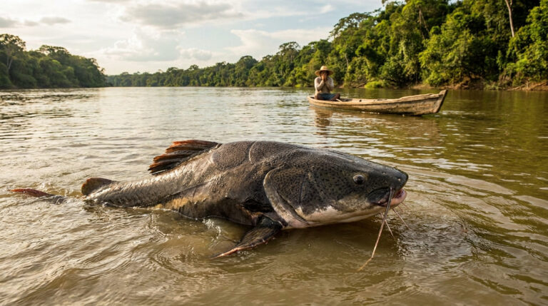 Piraiba record : tout sur ce poisson-chat géant d’Amazonie Un pêcheur en pirogue observant un immense poisson-chat Piraiba sortant de l'eau dans une rivière amazonienne.