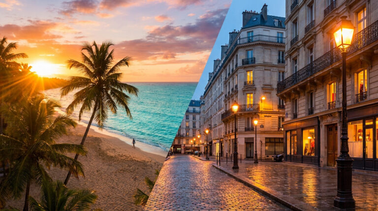 Illustration séparée en deux montrant une plage paradisiaque au coucher du soleil et une rue parisienne illuminée le soir.