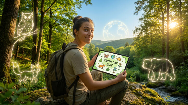 Tout savoir sur le quiz de la journée de la terre google Une femme avec un sac à dos dans une forêt tenant une tablette affichant le "Earth Day Quiz" avec des illustrations.