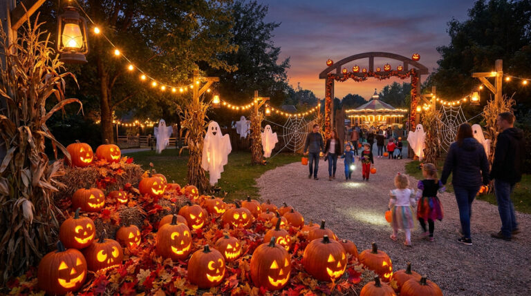 Famille marchant dans un parc décoré pour Halloween avec des citrouilles lumineuses, des fantômes et un carrousel au fond.