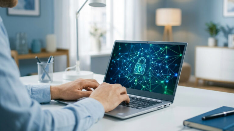 Tout savoir sur slotjp212.online : accès et sécurité Une personne travaillant sur un ordinateur portable affichant une icône de cadenas numérique sécurisé.