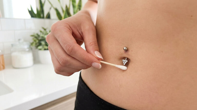 Piercing nombril : ton guide complet pour un look au top Une personne nettoie délicatement son piercing au nombril avec un coton-tige dans une salle de bain lumineuse.