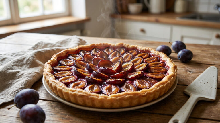 Une tarte aux prunes fraîchement sortie du four, posée sur une table en bois avec de la vapeur qui s'en échappe.