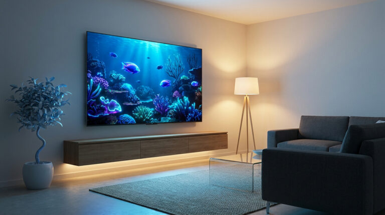 Salon moderne avec une grande télévision affichant un récif corallien lumineux, éclairage d'ambiance et mobilier épuré.